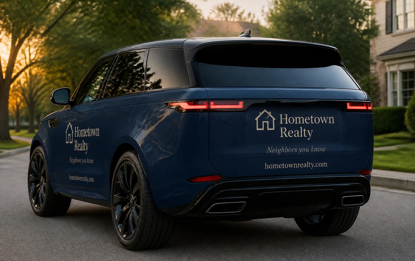 Rear 3/4 view of a white SUV with a Hometown Realty ad on the rear window and tailgate, parked in a sunny suburban cul-de-sac