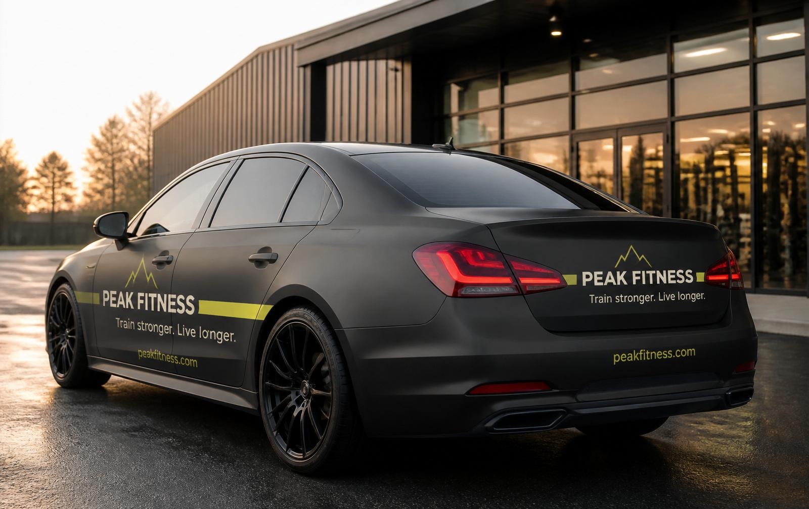 Rear 3/4 view of a silver sedan with a Peak Fitness rear-window and trunk ad, parked in a gym parking lot at morning